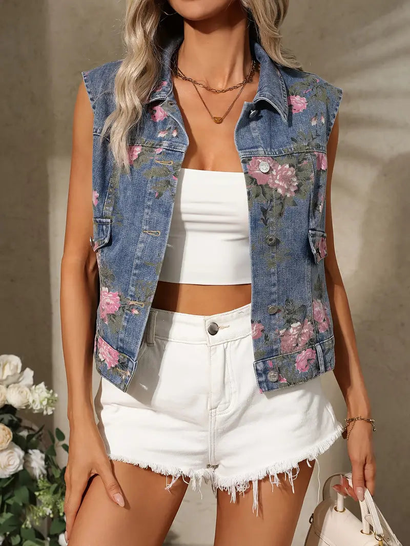 Kurzana | Ärmellose Jeansweste mit Blumen-Print – Lockere Passform & Sommerlicher Look