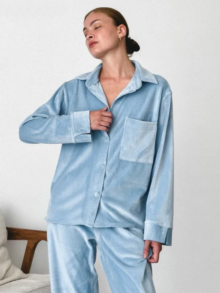 Primavera | Damen Pyjama Set Zweiteiler in Blau mit Knopfhemd & Hose