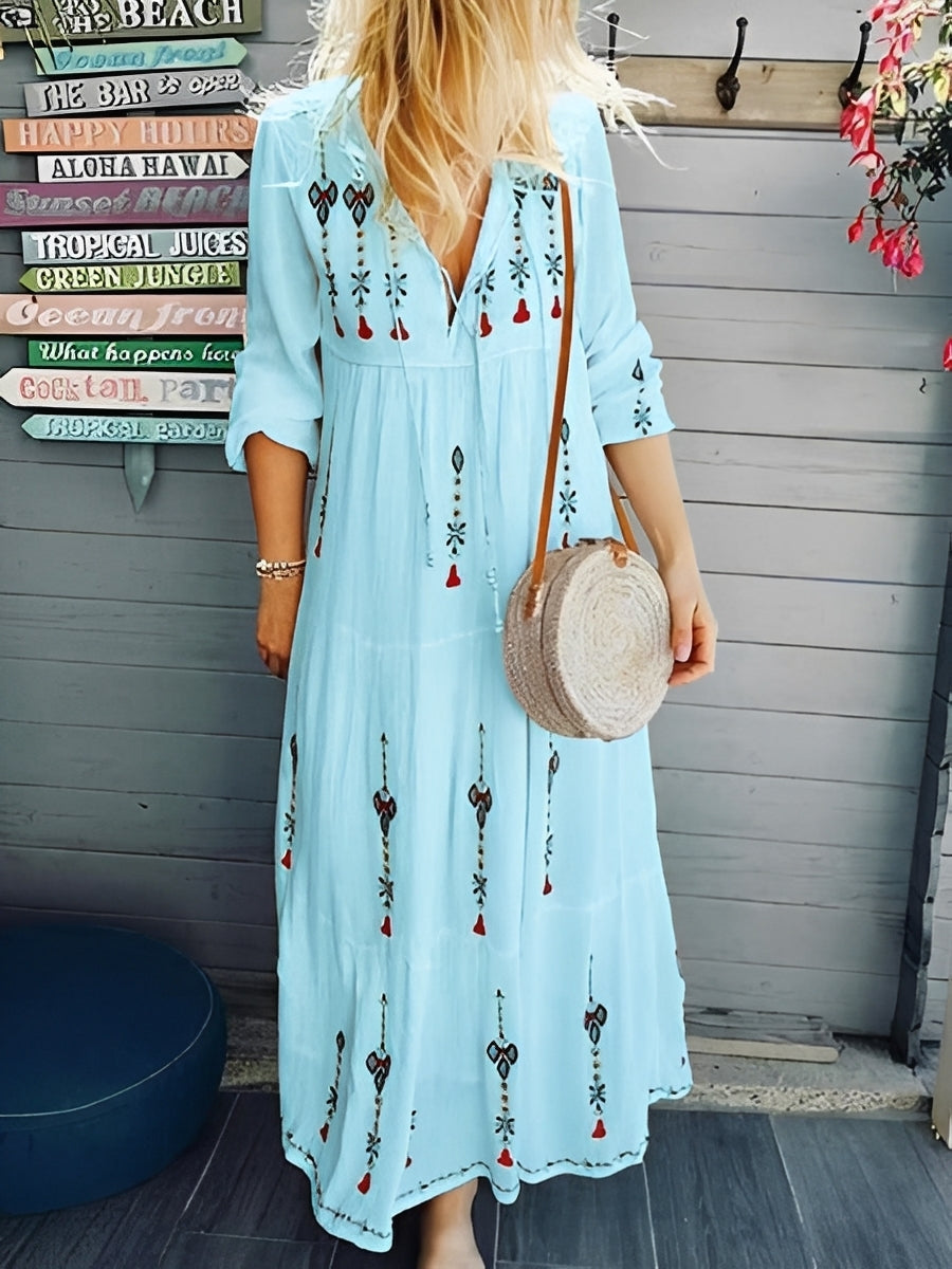 Damen Boho-Kleid mit V-Ausschnitt und Blumenmuster – Leichtes Sommerkleid für Urlaub und Freizeit