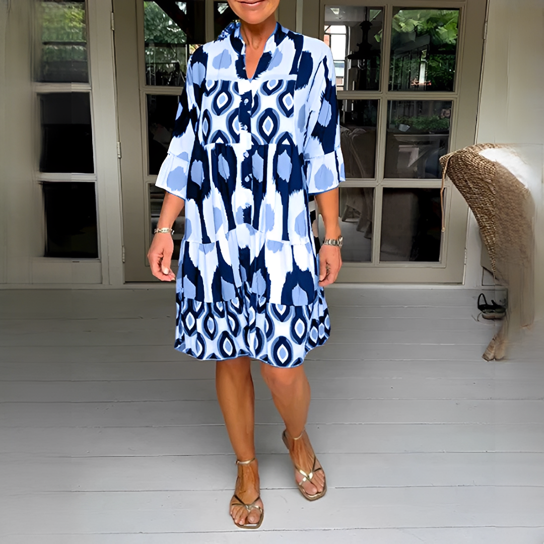 Damen Sommerkleid mit 3/4-Ärmeln – Elegantes Kleid mit Muster für Alltag, Urlaub und Events