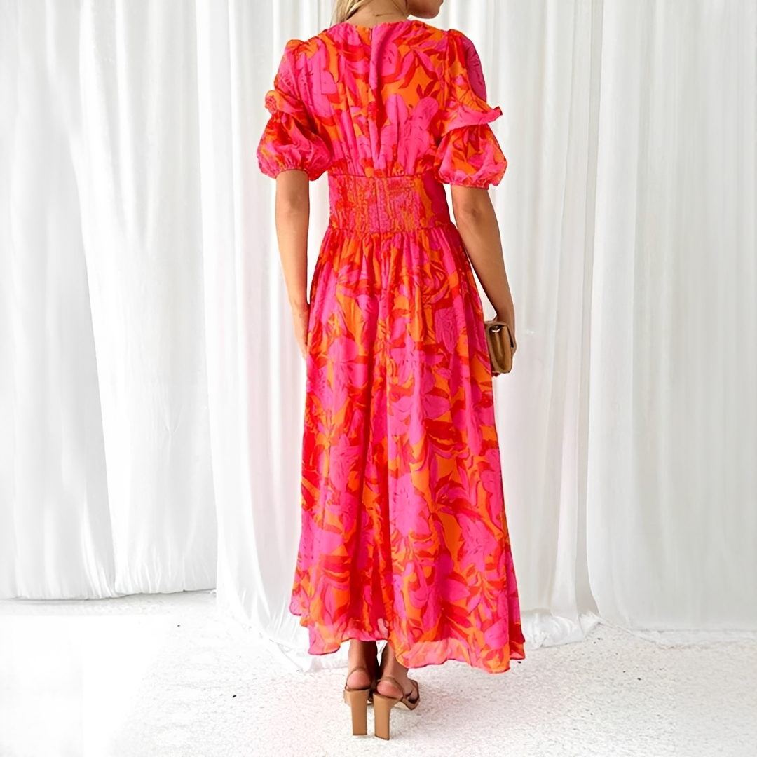 Damen Maxikleid mit V-Ausschnitt und Puffärmeln – Elegantes langes Kleid für festliche Anlässe und besondere Momente