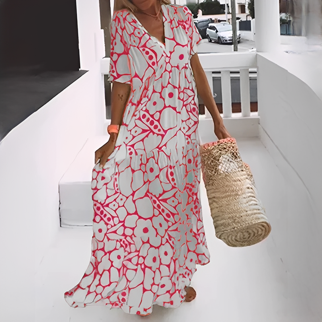 Damen Sommerkleid mit V-Ausschnitt und Allover-Muster – Leichtes Freizeitkleid für Alltag und Urlaub