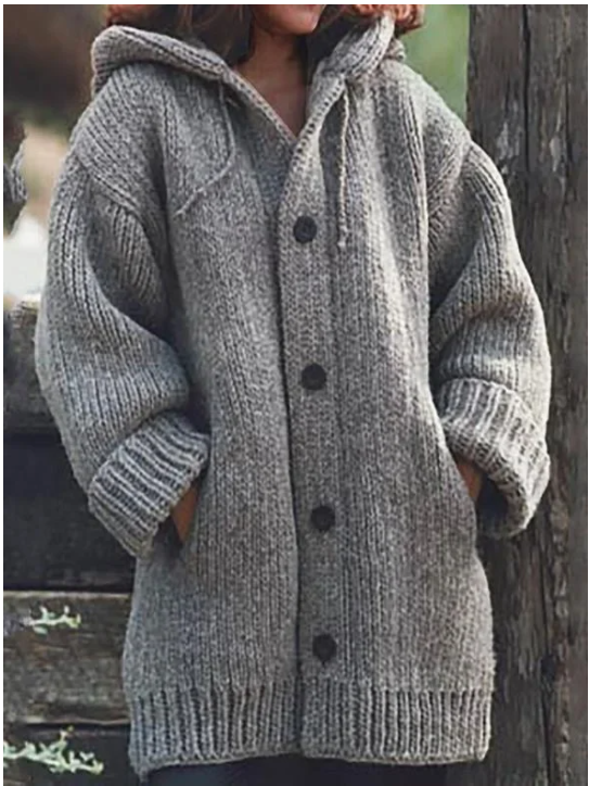 Übergroße Damen-Strickjacke mit Kapuze & Knopfverschluss | Langer Schnitt für entspannte Eleganz