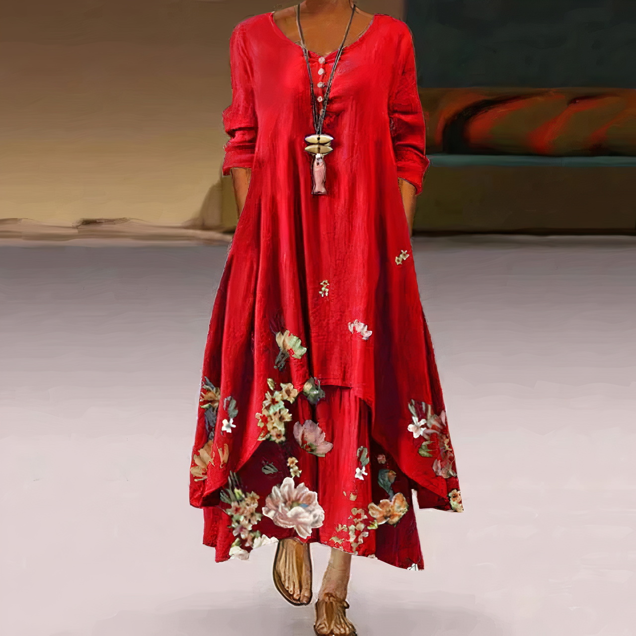 Trisha | Sommerliches Leinen-Maxikleid mit floralen Details & Rundhalsausschnitt – Luftig, Elegant & Bequem