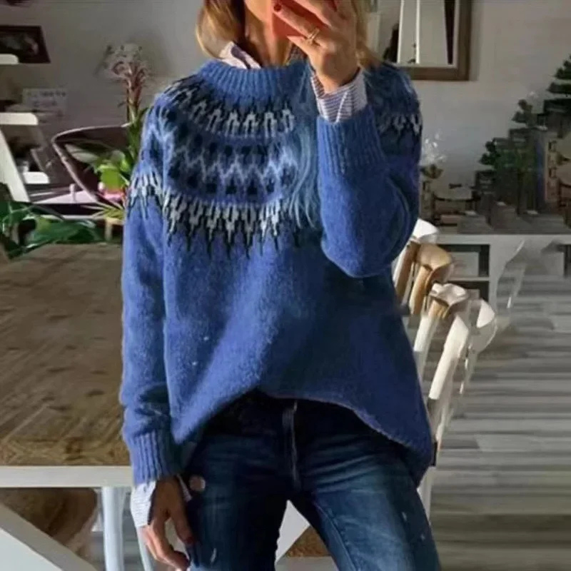 Aubryna | Damen Grobstrickpullover mit Norweger- und Tribal-Muster