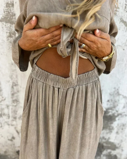 Betany | Damen Zweiteiler in Uni-Farbe mit weiter Hose und lockerer Bluse