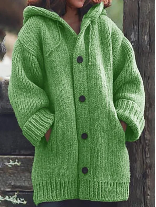 Übergroße Damen-Strickjacke mit Kapuze & Knopfverschluss | Langer Schnitt für entspannte Eleganz