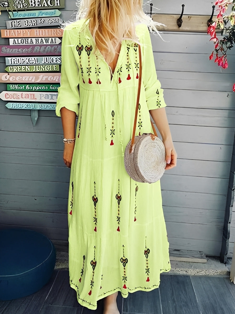Damen Boho-Kleid mit V-Ausschnitt und Blumenmuster – Leichtes Sommerkleid für Urlaub und Freizeit
