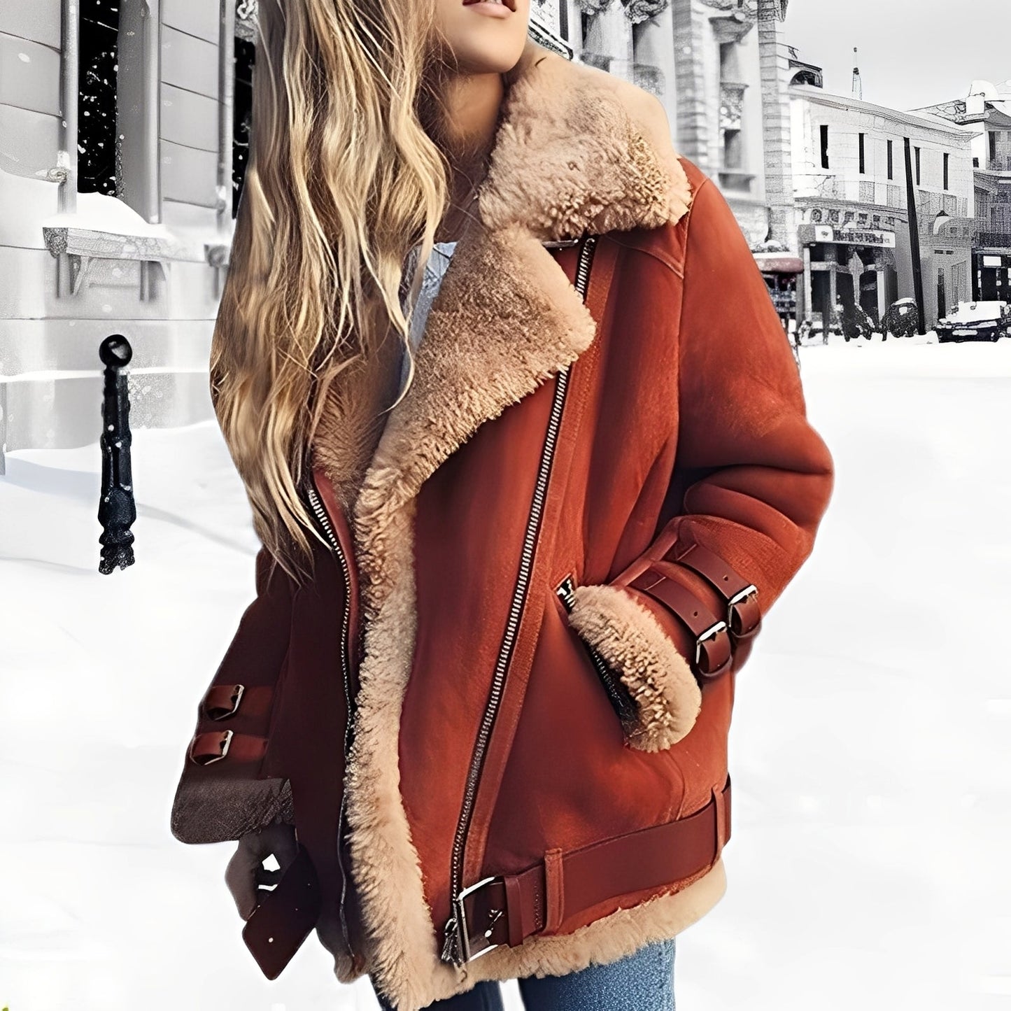 Aviator Damen Winterjacke mit Shearling | Gefütterte Bikerjacke im Vintage-Look
