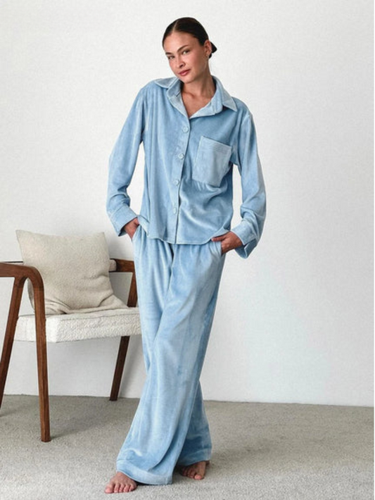 Primavera | Damen Pyjama Set Zweiteiler in Blau mit Knopfhemd & Hose