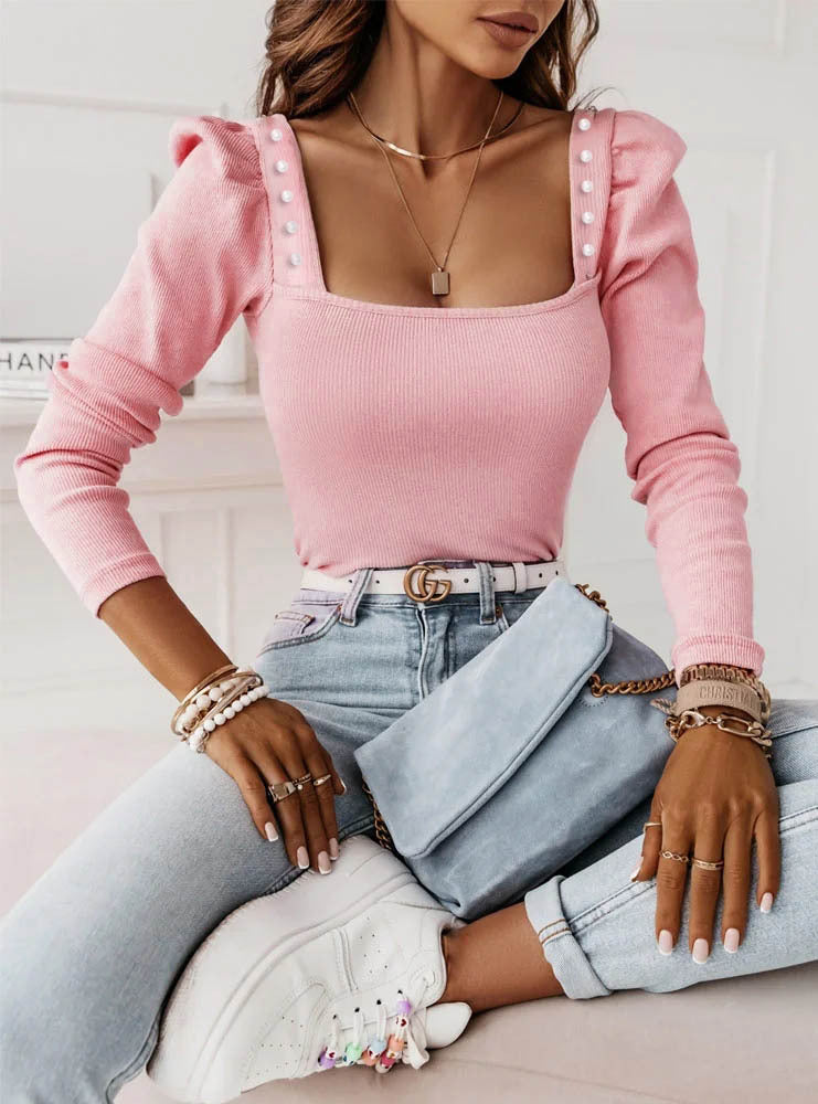 Damen Top – Elegantes Top mit eckigem Ausschnitt & Zierknöpfen
