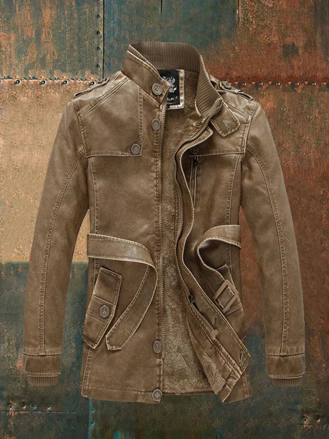 Neil | Herren Lederlook Mantel Lang im Vintage Stil mit Taillengürtel, Warmem Fleece-Futter & Klassischen Knöpfen