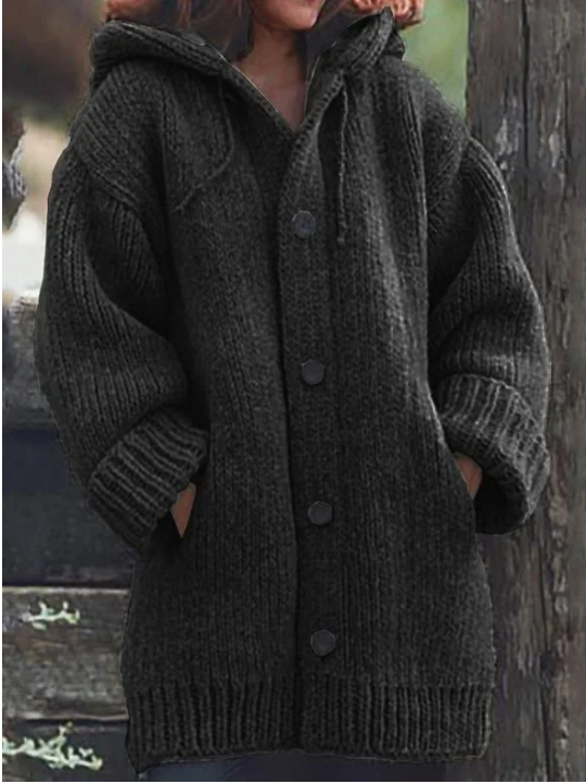Übergroße Damen-Strickjacke mit Kapuze & Knopfverschluss | Langer Schnitt für entspannte Eleganz