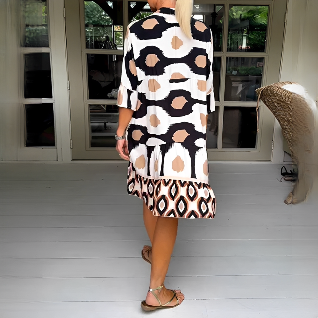 Damen Sommerkleid mit 3/4-Ärmeln – Elegantes Kleid mit Muster für Alltag, Urlaub und Events