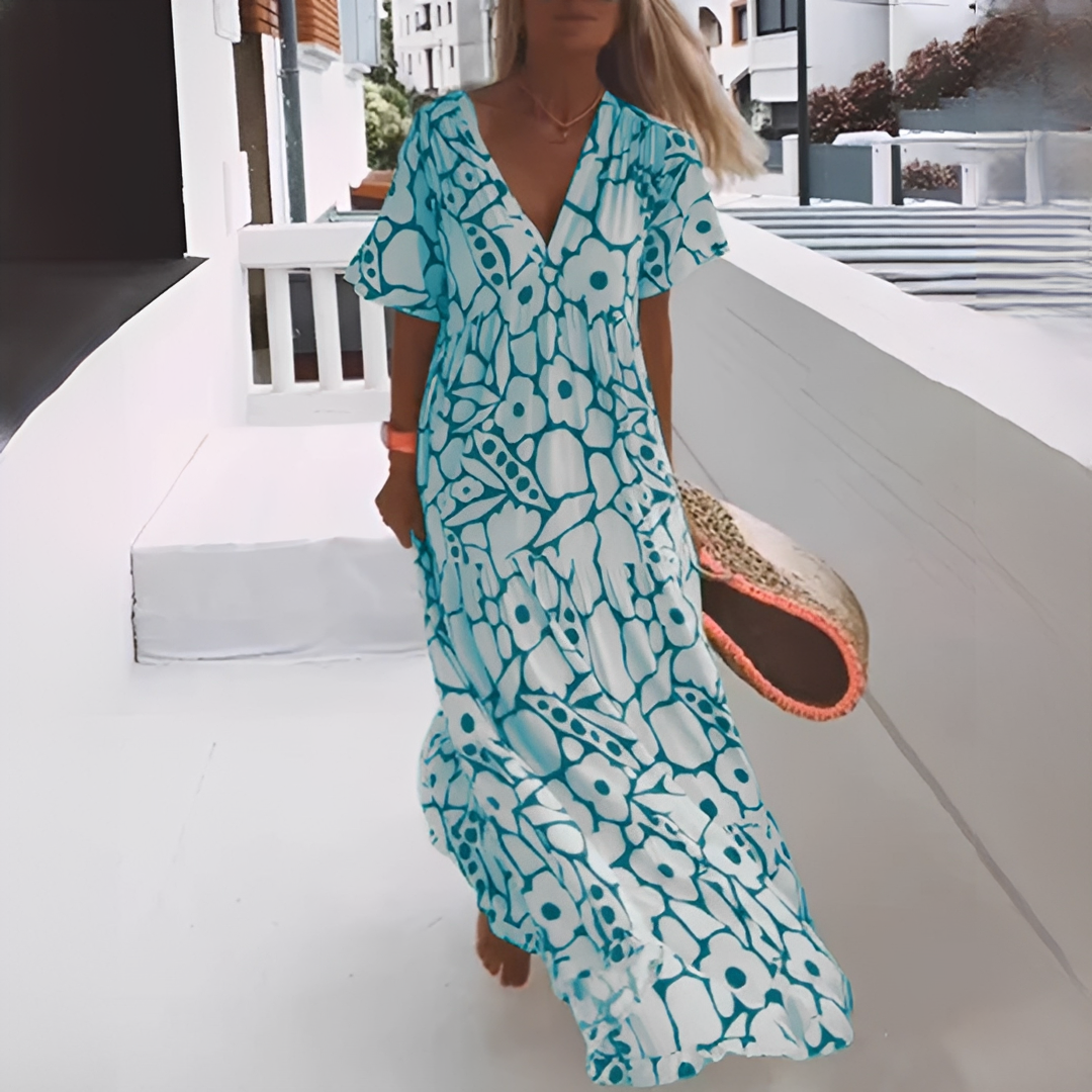 Damen Sommerkleid mit V-Ausschnitt und Allover-Muster – Leichtes Freizeitkleid für Alltag und Urlaub