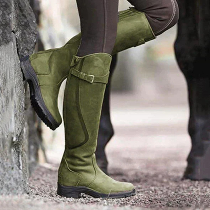 Cyrella | Damen Winterstiefel Kniehoch im Reitstil mit Schnalle | Vintage Look & Warm