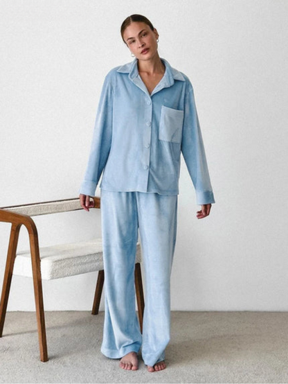 Primavera | Damen Pyjama Set Zweiteiler in Blau mit Knopfhemd & Hose