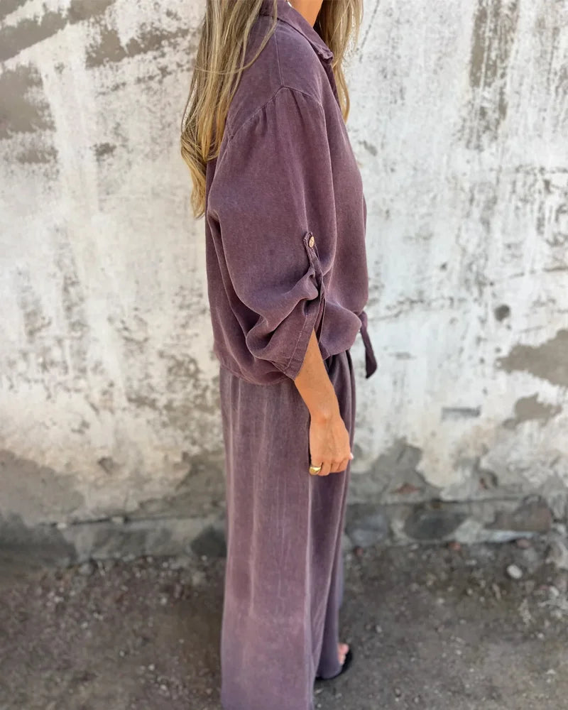 Betany | Damen Zweiteiler in Uni-Farbe mit weiter Hose und lockerer Bluse