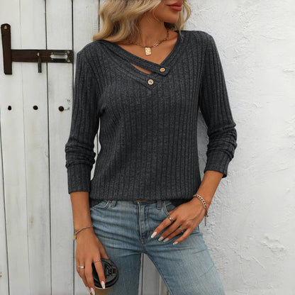 Elfrith | Damen Strickpullover mit V-Ausschnitt & Knopfleiste