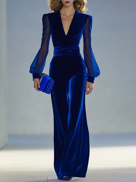 Eleganter Samt-Jumpsuit mit V-Ausschnitt – Glamourös, Komfortabel & Vielseitig