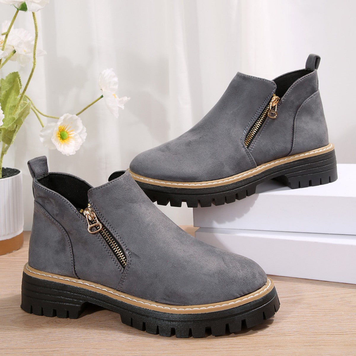 Damen Stiefeletten mit Reißverschluss | Stylische Winter-Boots mit robuster Sohle