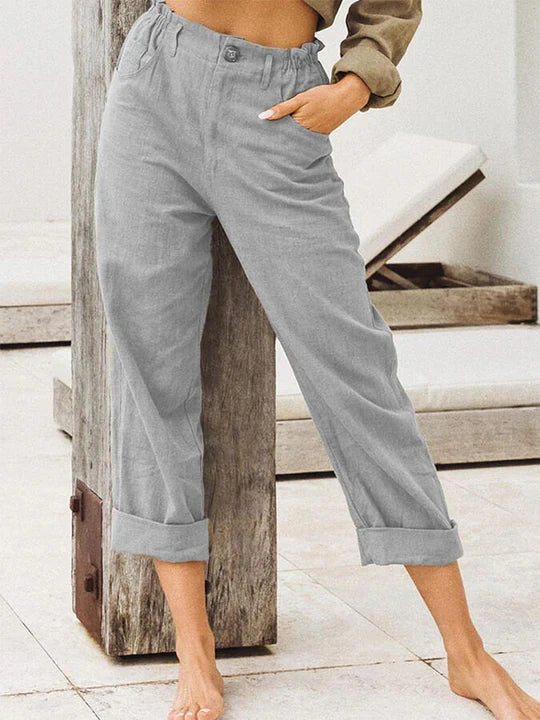 Brechje | Stylische High-Waist Leinenhose Damen mit Aufschlag & Sommer-Look