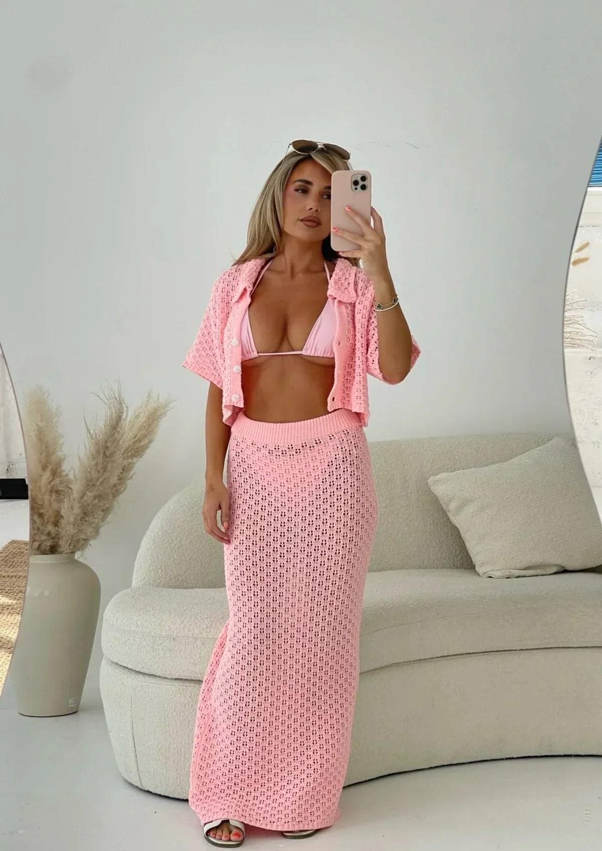 Noelle | Häkel-Strick Set mit Maxi-Rock & Kurzarm-Cardigan im Zweiteiler-Look