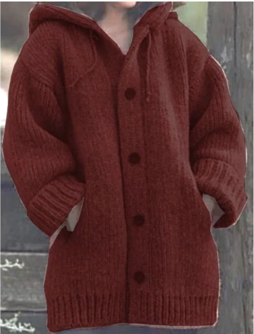 Übergroße Damen-Strickjacke mit Kapuze & Knopfverschluss | Langer Schnitt für entspannte Eleganz