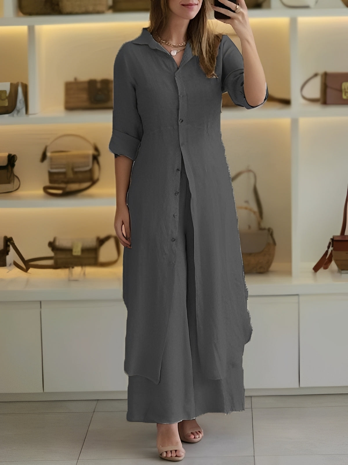 Damen Zweiteiliges Set mit langem Hemd und Hose – Leichtes Freizeitset für Alltag, Urlaub und entspannte Outfits
