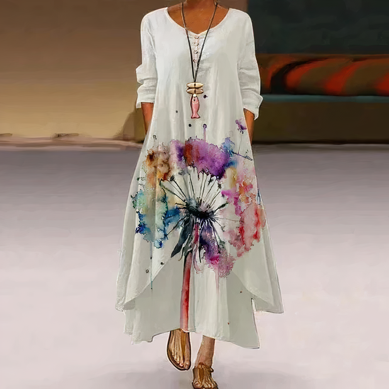 Trisha | Sommerliches Leinen-Maxikleid mit floralen Details & Rundhalsausschnitt – Luftig, Elegant & Bequem