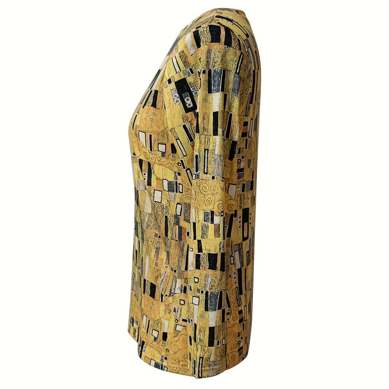 Edythia | Gelbe Damenbluse mit abstraktem Print & Rundhals