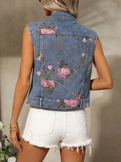 Kurzana | Ärmellose Jeansweste mit Blumen-Print – Lockere Passform & Sommerlicher Look