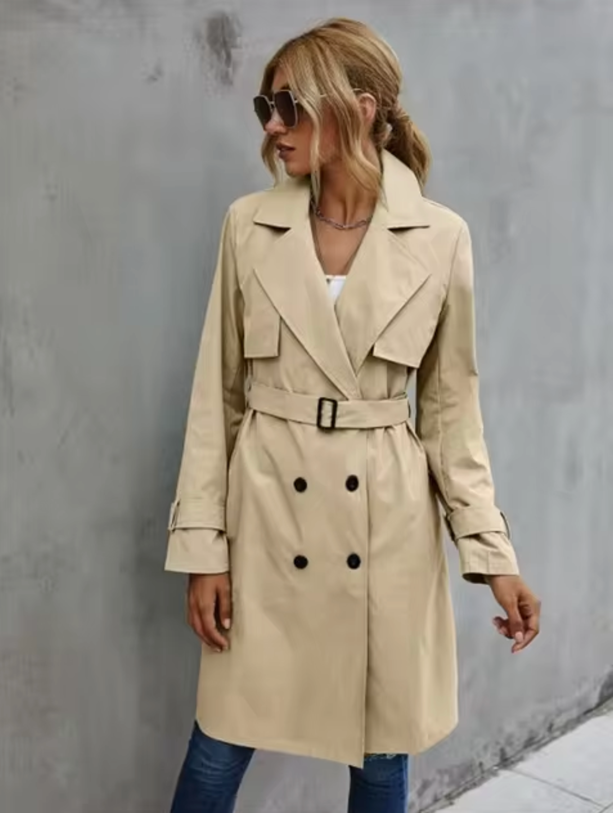Sharlotte | Damen Trenchcoat mit Doppelreiher, Taillengürtel & Klassischem Design