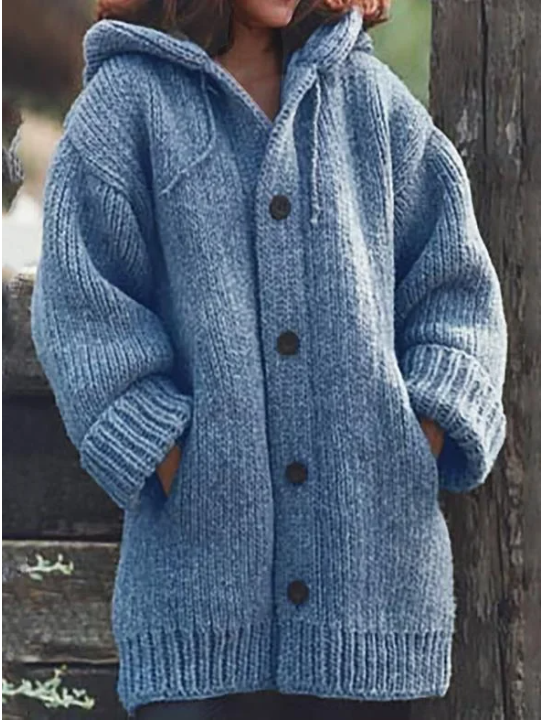 Übergroße Damen-Strickjacke mit Kapuze & Knopfverschluss | Langer Schnitt für entspannte Eleganz