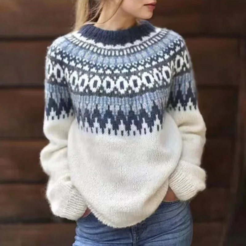 Aubryna | Damen Grobstrickpullover mit Norweger- und Tribal-Muster