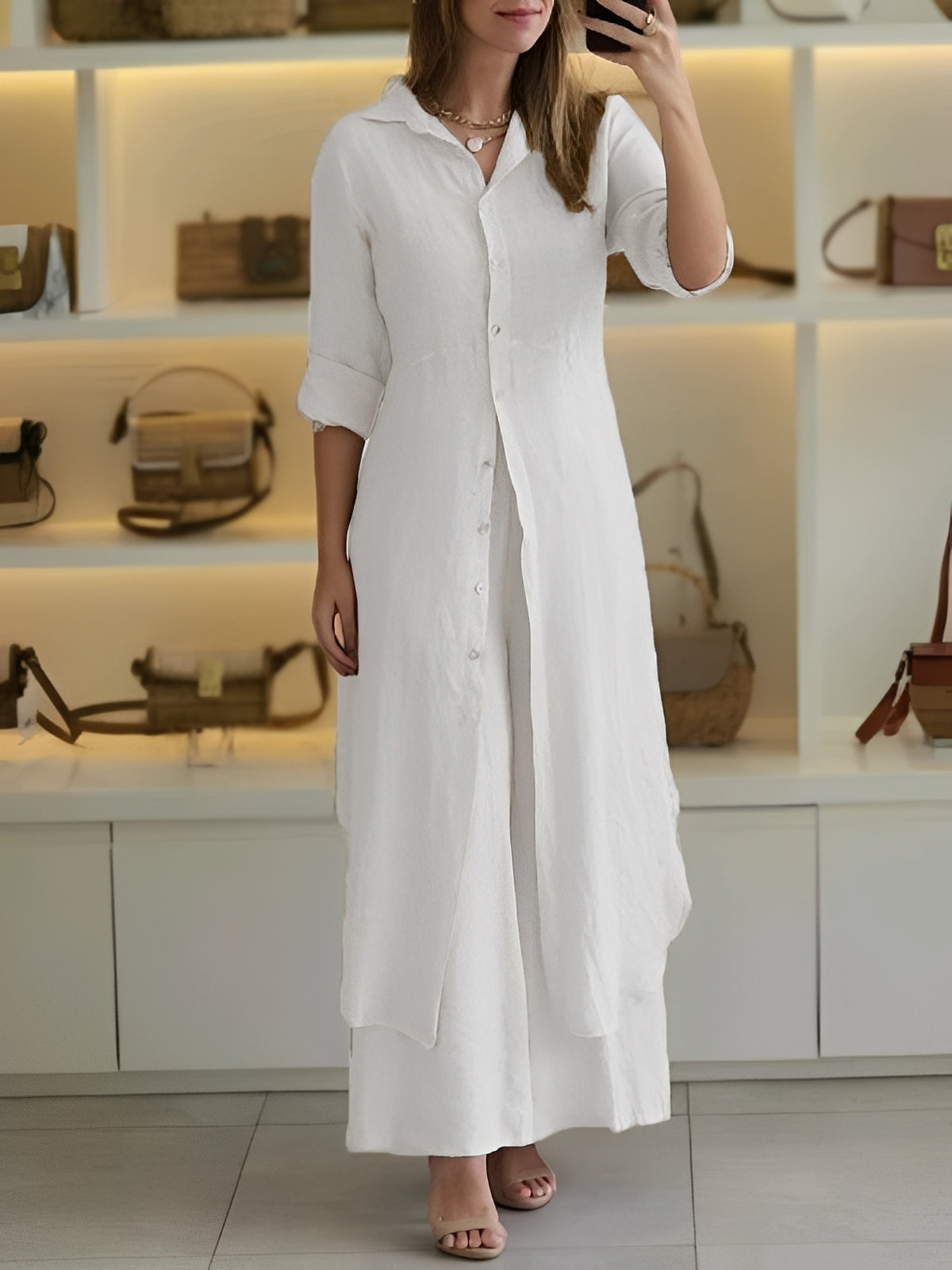 Damen Zweiteiliges Set mit langem Hemd und Hose – Leichtes Freizeitset für Alltag, Urlaub und entspannte Outfits