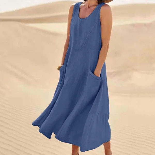 Mira | Soft Linen Maxikleid mit Taschen | Luftiges ärmelloses Sommerkleid aus Leinen für Damen