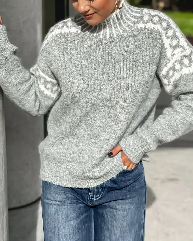 Gemusterter Damen Strickpullover mit Stehkragen | Warm & Stylisch