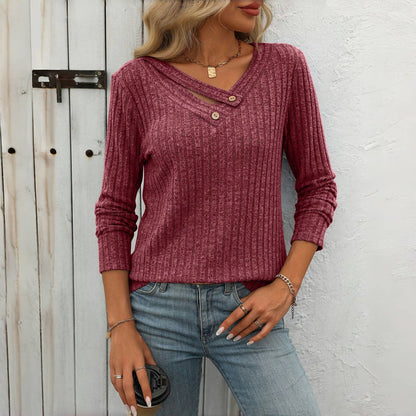 Elfrith | Damen Strickpullover mit V-Ausschnitt & Knopfleiste