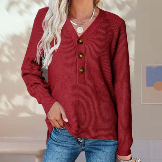 Adelgunde | Damen Strickpullover mit V-Ausschnitt & Teil-Knopfleiste
