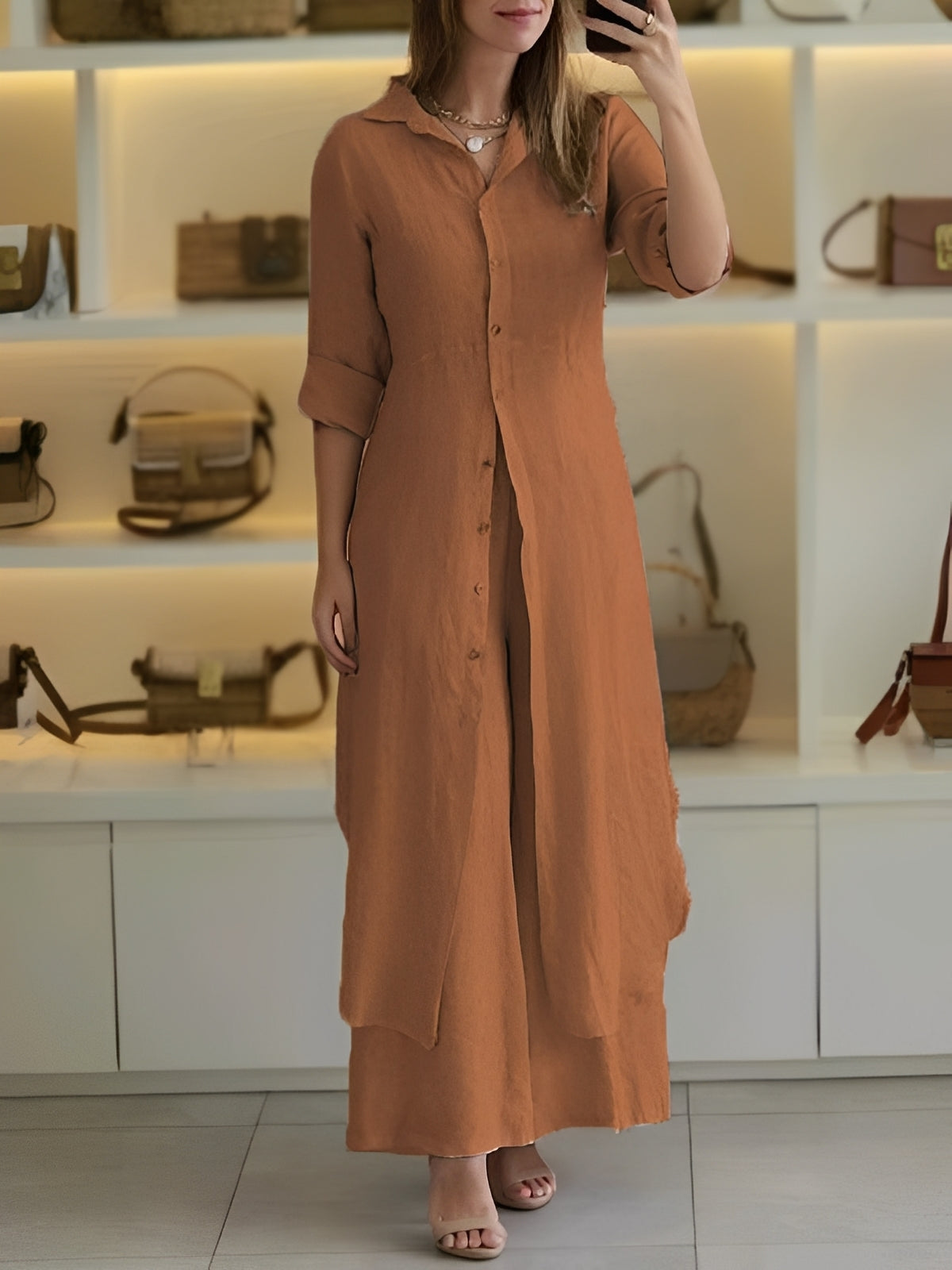 Damen Zweiteiliges Set mit langem Hemd und Hose – Leichtes Freizeitset für Alltag, Urlaub und entspannte Outfits