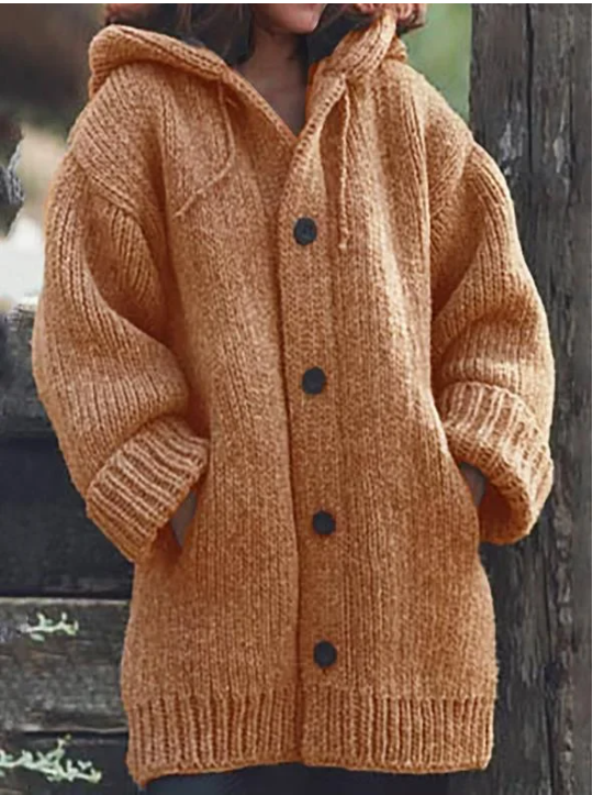 Übergroße Damen-Strickjacke mit Kapuze & Knopfverschluss | Langer Schnitt für entspannte Eleganz