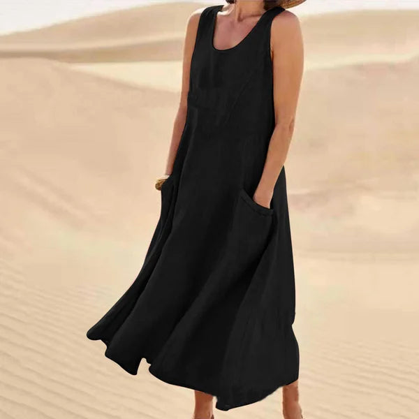 Mira | Soft Linen Maxikleid mit Taschen | Luftiges ärmelloses Sommerkleid aus Leinen für Damen