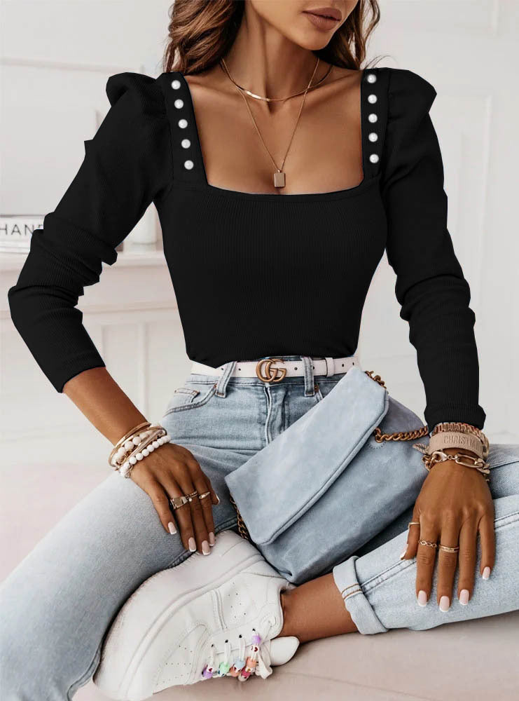 Damen Top – Elegantes Top mit eckigem Ausschnitt & Zierknöpfen