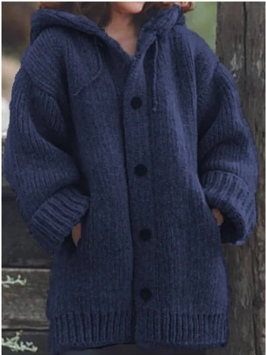 Übergroße Damen-Strickjacke mit Kapuze & Knopfverschluss | Langer Schnitt für entspannte Eleganz