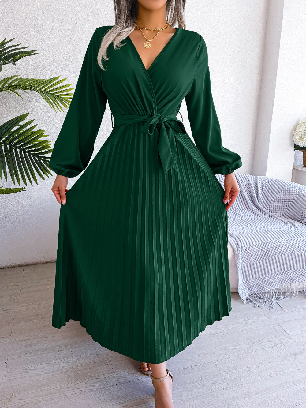 Damen Maxikleid – Elegantes Kleid mit Falten & Taillengürtel