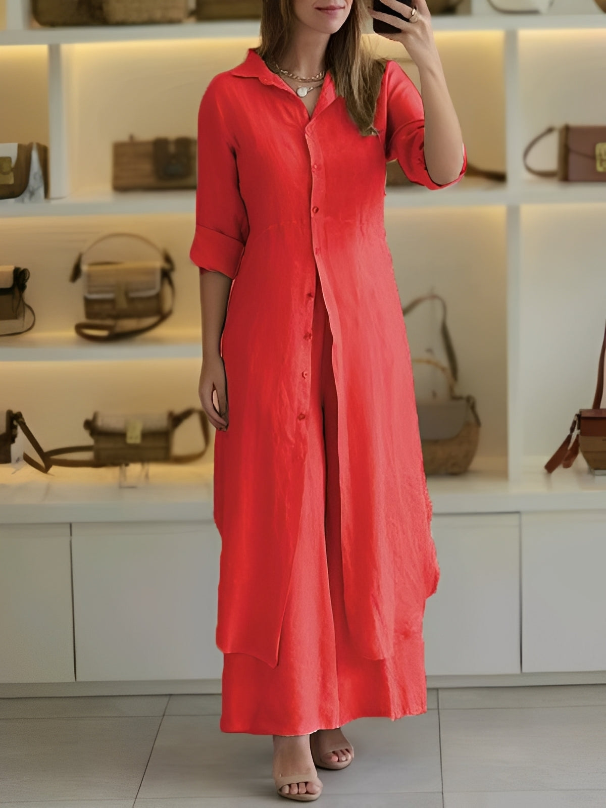Damen Zweiteiliges Set mit langem Hemd und Hose – Leichtes Freizeitset für Alltag, Urlaub und entspannte Outfits