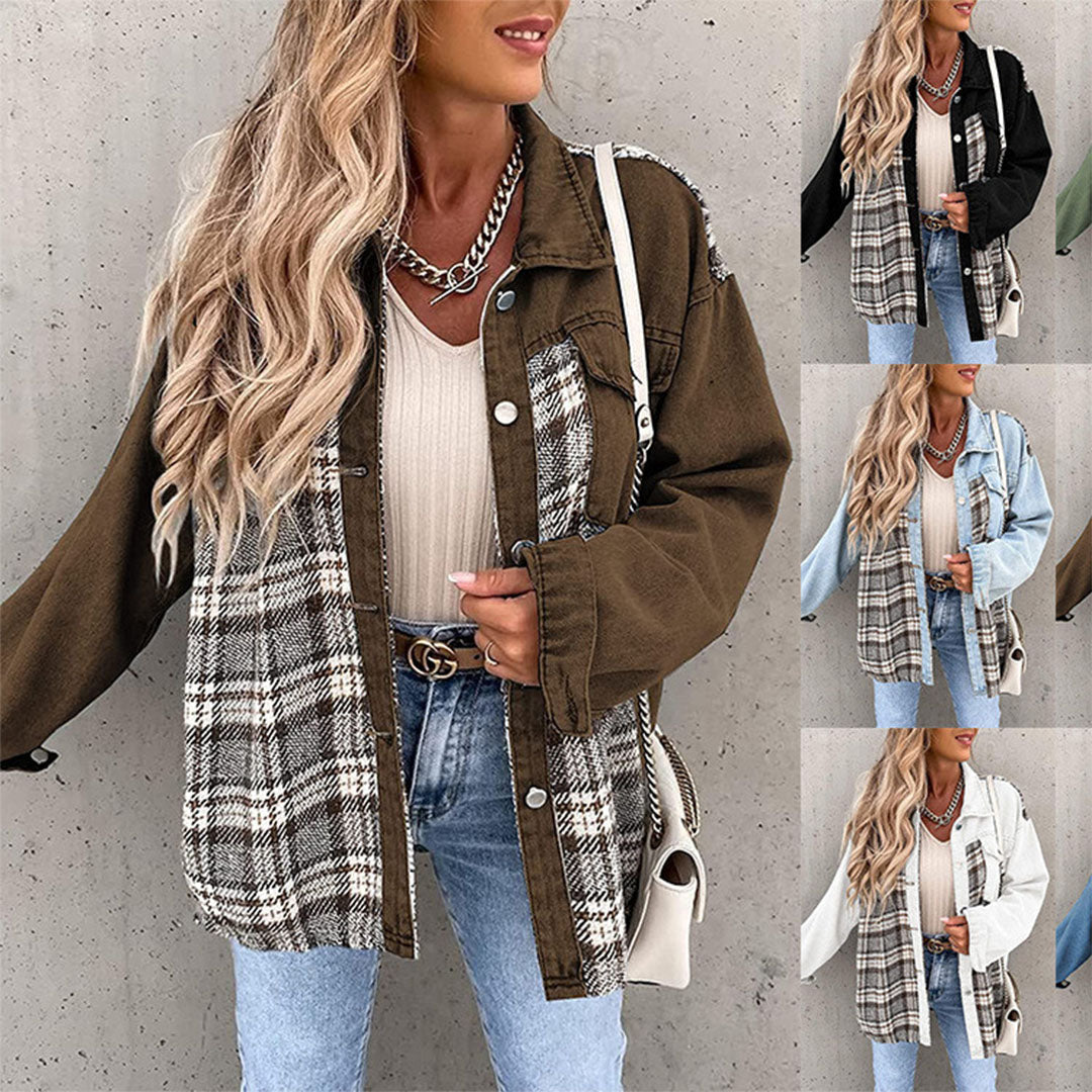 Briseis | Kariertes Damenjacke mit Knopfleiste und Kragen aus Denim-Look