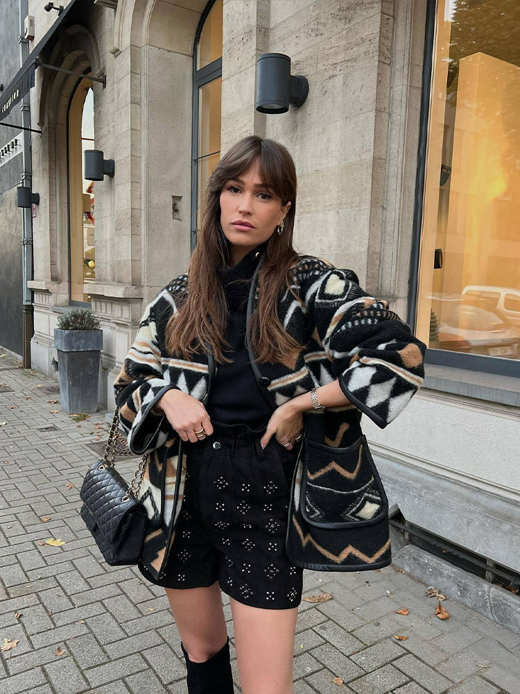 Milandra | Damen Oversized Jacke mit Geometrischem Muster – Stylischer Herbstmantel für Alltag & Freizeit