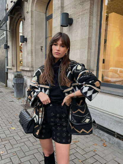 Milandra | Damen Oversized Jacke mit Geometrischem Muster – Stylischer Herbstmantel für Alltag & Freizeit